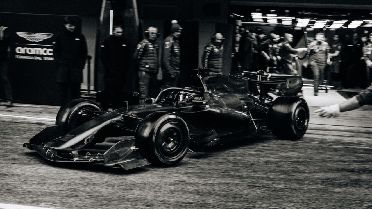 Aston Martin completes initial laps during Barcelona testing session. 1