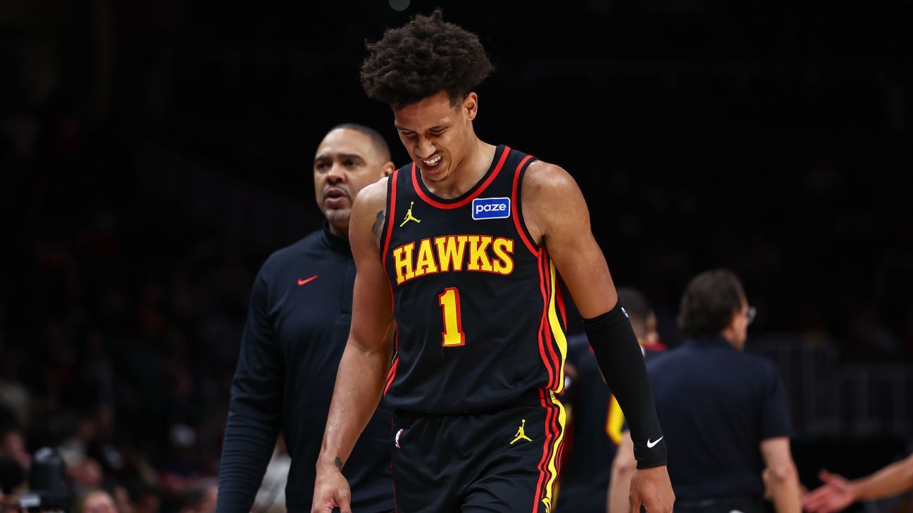 Hawks' Jalen Johnson exits win with first-quarter hip injury Hawks' Jalen Johnson leaves victory due to hip injury in the first quarter. 1