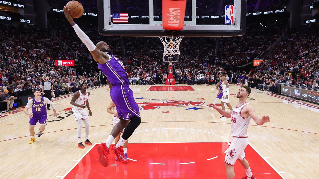 LeBron James' six dunks against the Rockets contribute to Lakers' seventh consecutive victory. 1