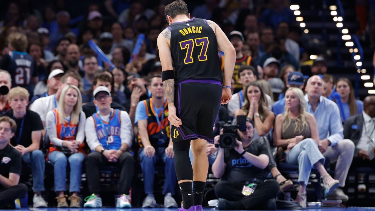 Luka Doncic leaves Lakers matchup against OKC due to hamstring injury. 1