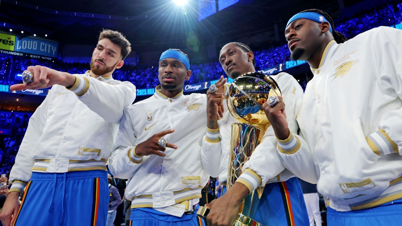 Thunder continue to be favored in NBA championship odds; Spurs and Celtics trail behind. 1